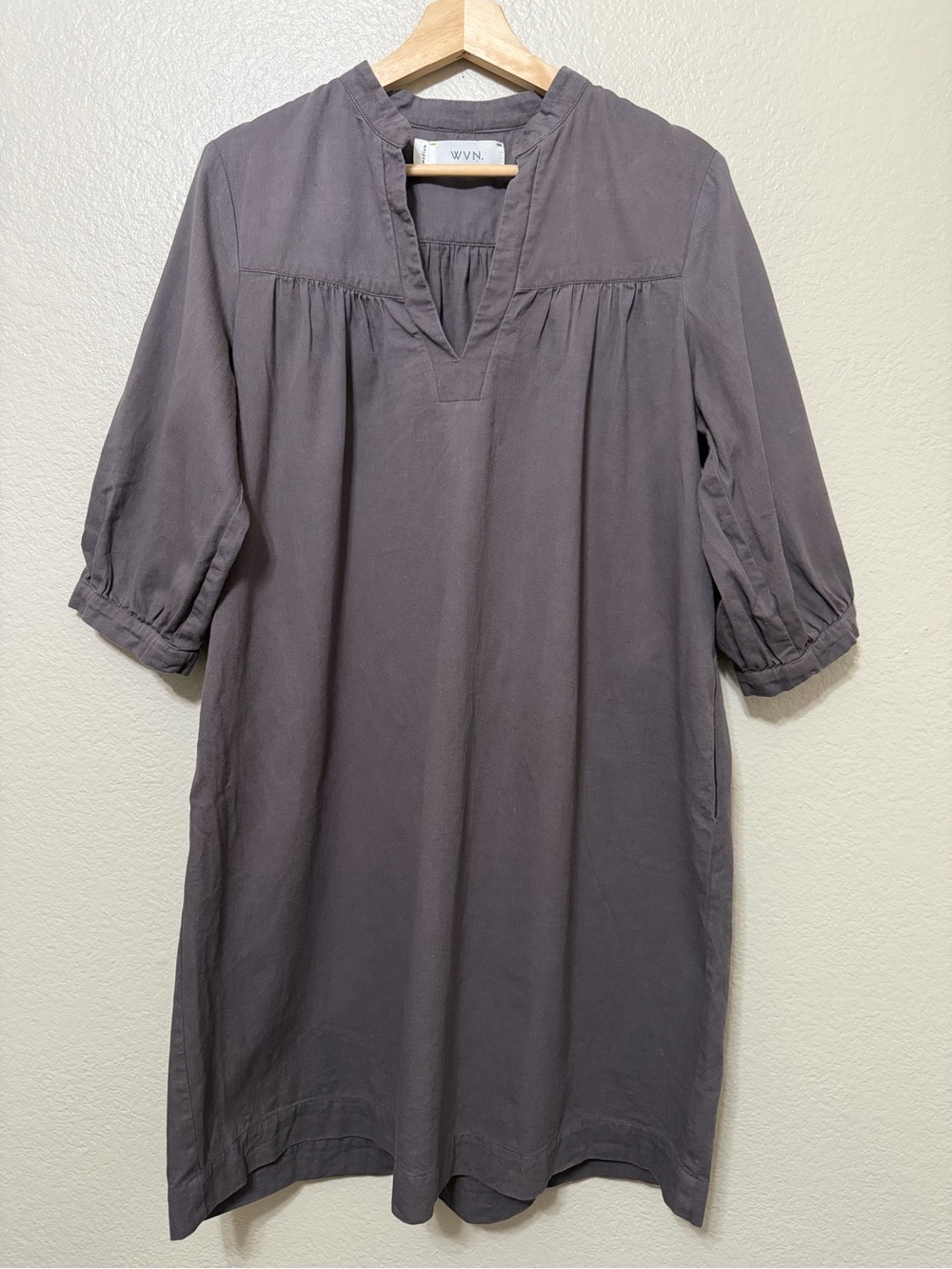 WVN. Gray Organic Cotton Lagenlook Balloon Sleeve Dress Knee M CottageCore